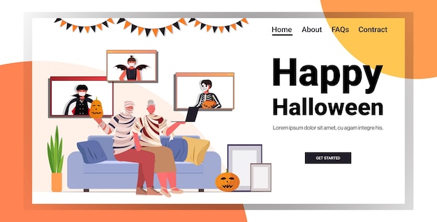 happy halloween holiday celebration grandparents in mummy costumes discussing with children during video call  