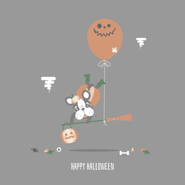 happy halloween holiday festival with cute french bulldog pug and pumpkin and broom