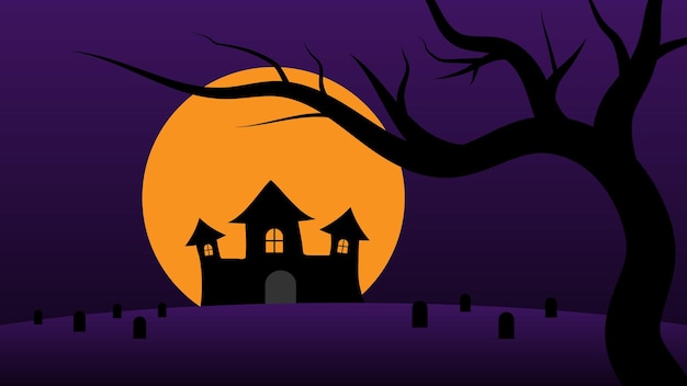 happy Halloween holiday party background haunted castle cartoon on hills with full moon in night sky