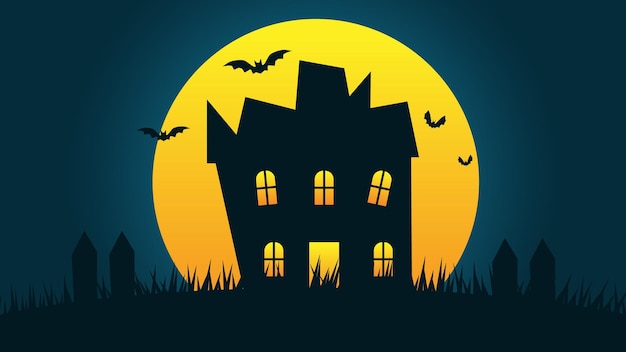 happy Halloween holiday party background haunted house cartoon on hills with full moon in night sky