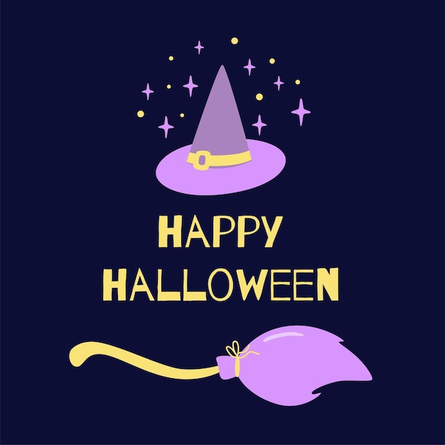 Happy Halloween holiday poster with happy halloween inscription with cute witch pointed hat broom on isolated background