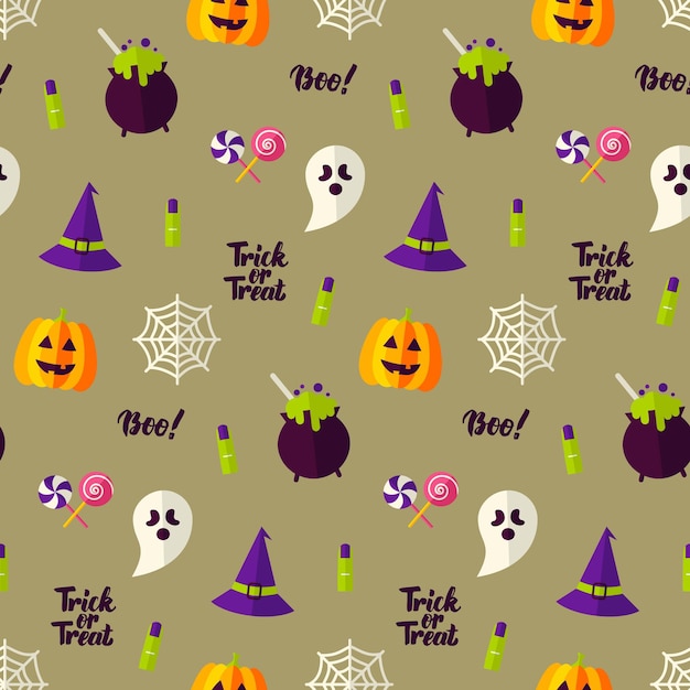 Fondo senza cuciture di festa di halloween felice. illustrazione di vettore. modello dolcetto o scherzetto.