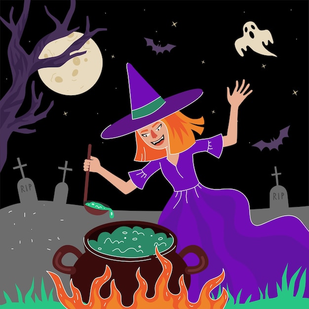 Vector happy halloween holiday square design greeting card witch cooking magic poisonous in cauldron