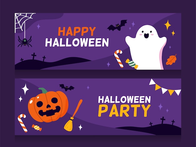 Вектор Счастливый хэллоуин горизонтальный баннер фиолетовый праздничный баннер плоская векторная иллюстрация