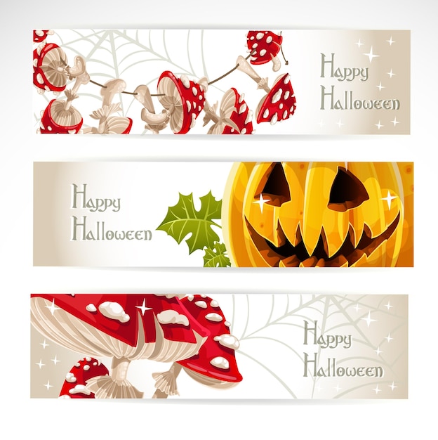 Banner orizzontale di halloween felice con amanita di funghi