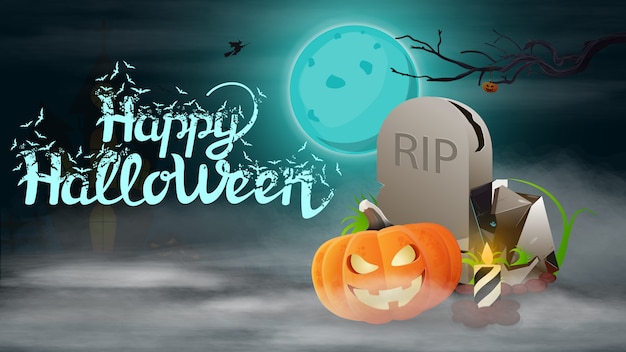 Happy halloween, cartolina orizzontale con paesaggio notturno, lapide e zucca jack