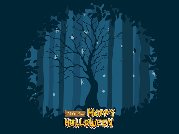 Vettore felice halloween. sfondo albero icona di notte foresta. elementi di giorno di halloween del fumetto di concetto. illustrazione vettoriale clipart