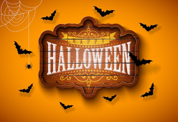 Happy Halloween-illustratie met typografieletters op vintage houten bord en vliegende vleermuizen