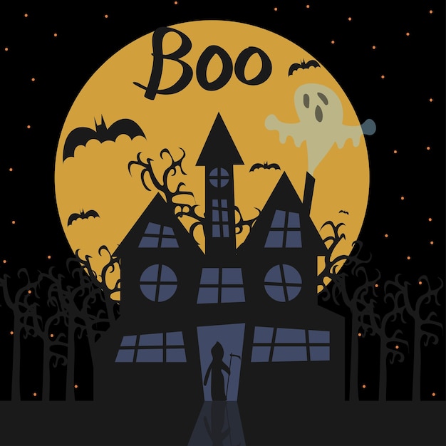 Happy halloween illustrazione casa su uno sfondo di luna