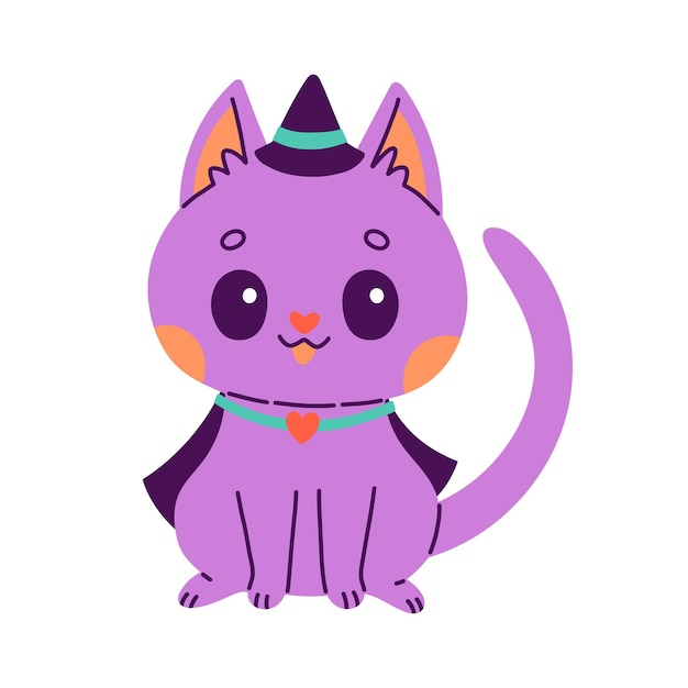 Happy Halloween illustration Vector cute illustration of purple cat in witch hat and cloak in trend