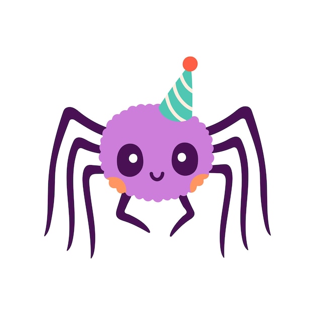 Happy Halloween illustration Vector cute illustration of purple spider in party hat in trendy color