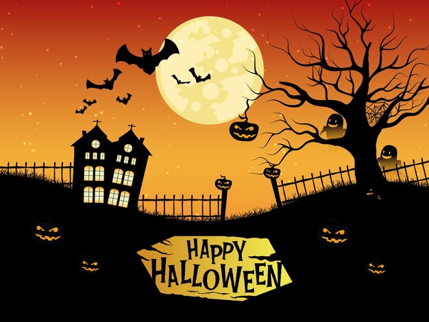 Happy halloween illustration with full moon composition with glowing pumpkins