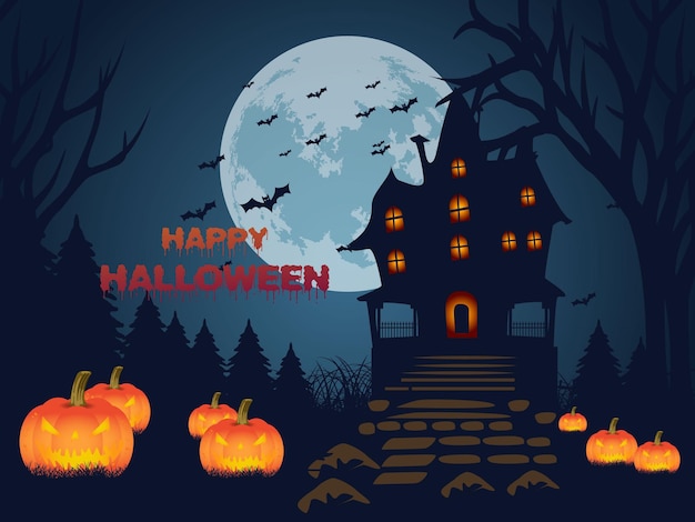 Happy Halloween illustration with the moon glowing pumpkins horror background design