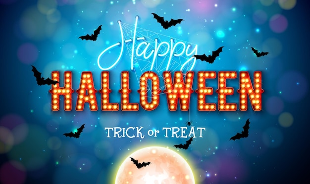 Happy halloween illustrazione con illuminazione al neon lettering moon e flying bats sul cielo notturno