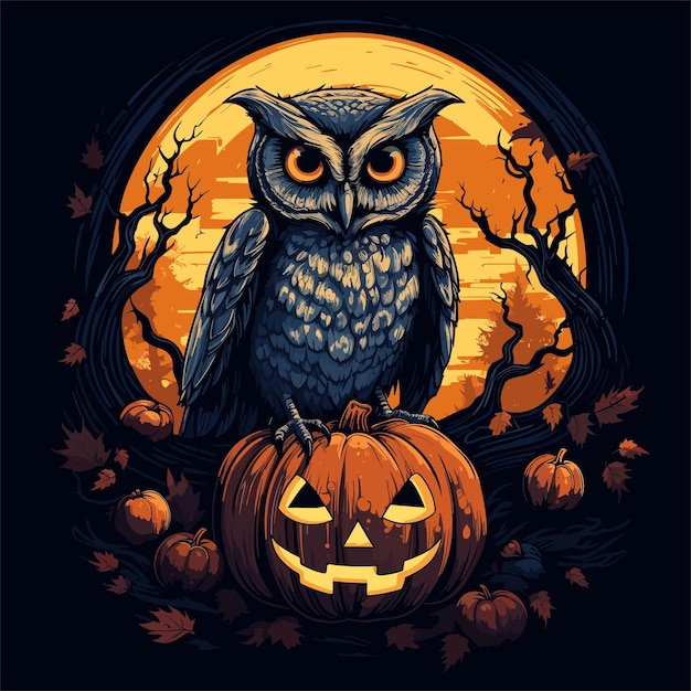 Vector happy halloween illustration with owl and pumpkin