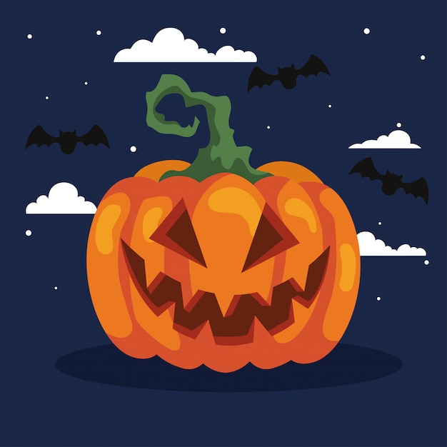 happy halloween illustration with pumpkin and bats flying