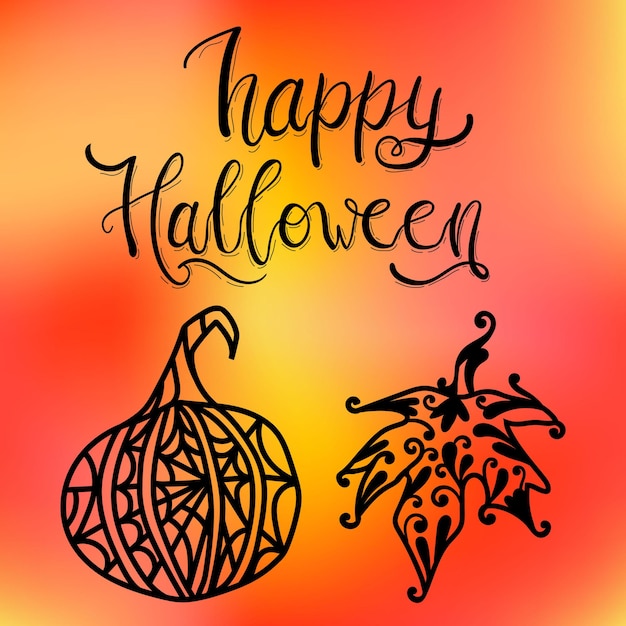 Vector happy halloween illustration with pumpkin and maple leaf stencil art for cutting and scrapbooking