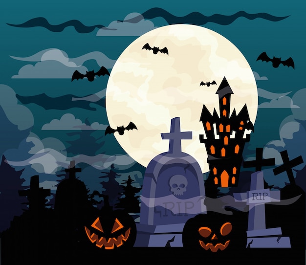 Vector happy halloween illustration with pumpkins, castle haunted and cemetery tombstones