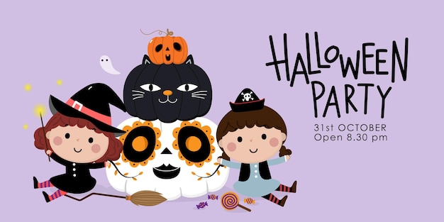 Happy halloween invitation card with cute kids in witch and pirate costume