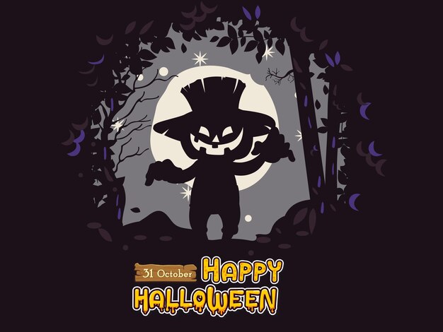 Vettore happy halloween jack o lantern zucca con sfondo nella foresta notturna cartoon halloween day elements vector clipart illustration usa il prodotto per la stampa