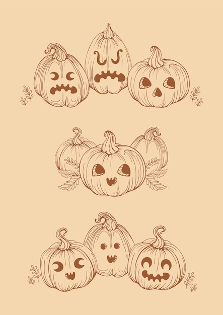 Vector happy halloween jack o lantern a set of vintage pumpkins with funny frightening and cheerful faces autumn leaves stars for stickers posters postcards design elements