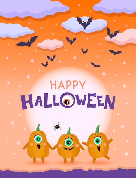 Vector happy halloween joyful pumpkin characters on the background of the moon bats in the clouds