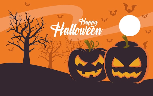 Happy halloween-kaart met pompoenen en belettering