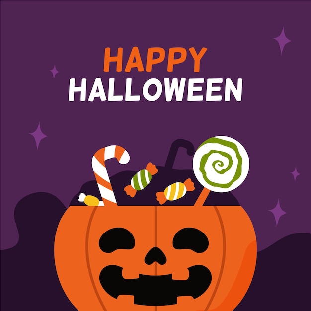 Happy halloween-kaart snoep voor kinderen platte vectorillustratie