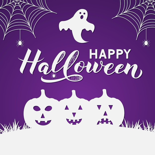 Happy halloween kalligrafie hand belettering met silhouet van pompoen spinnen spoken en vleermuizen vector sjabloon in papier knippen stijl voor wenskaart banner typografie poster uitnodiging voor feest enz