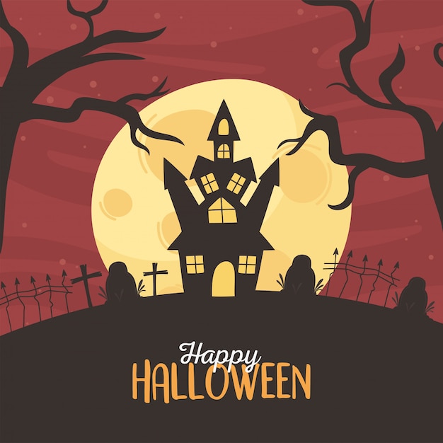 Happy halloween, kasteel begraafplaats grafstenen kruis droge bomen maan nacht trick or treat partij viering vectorillustratie