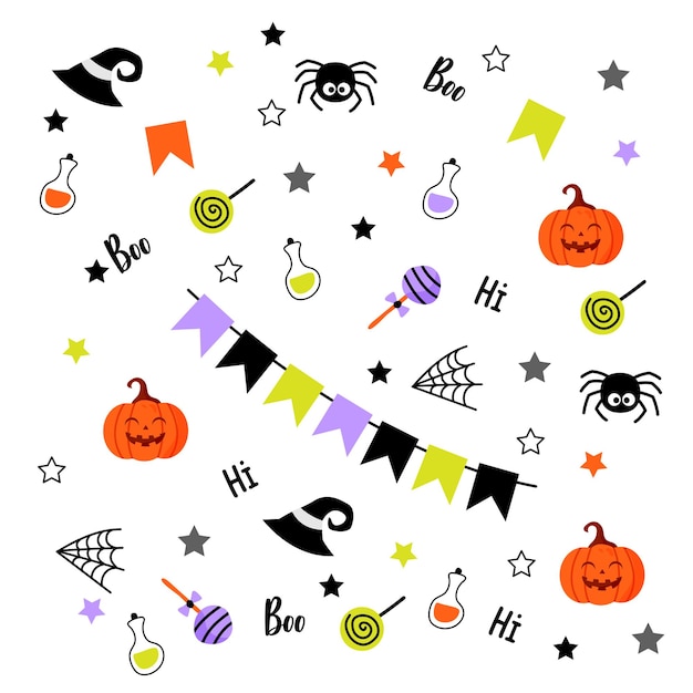 Детский набор happy halloween с милыми элементами дизайна. коллекция для детских леденцов на палочке. цветы тыквы. идеально подходит для открыток.