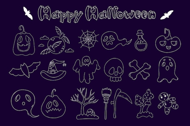 Happy Halloween-krabbels Overzichtselementen Witte lijn op donkere achtergrond