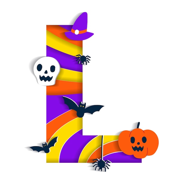 Happy Halloween L Alphabet Font Typography Cartoon Spooky Paper Cutout Type Skull Pumpkin Bat Spider