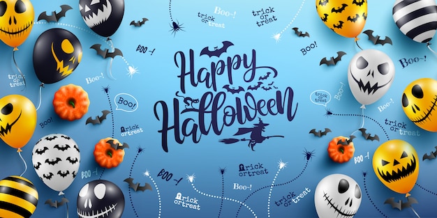 Happy halloween lettering and blue background with halloween ghost balloons