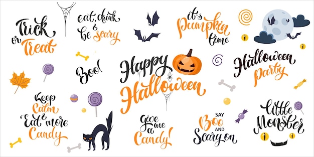 Vettore happy halloween lettering e set di elementi dei cartoni animati. testo scritto a mano con citazioni di halloween popolari. disegno vettoriale per striscioni, biglietti, poster, volantini e inviti per feste