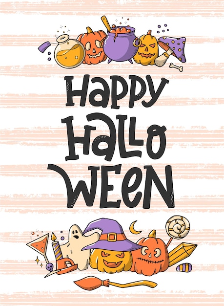 Vector happy halloween lettering quote with doodles