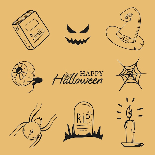 Happy halloween lettering faccia spaventosa ragnatela cappello da strega tomba ragno velenoso libro di incantesimi candela che brucia e occhio scavato