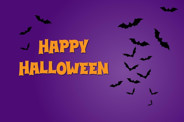 Vector happy halloween lettering with flying bats on purple background vector illustration