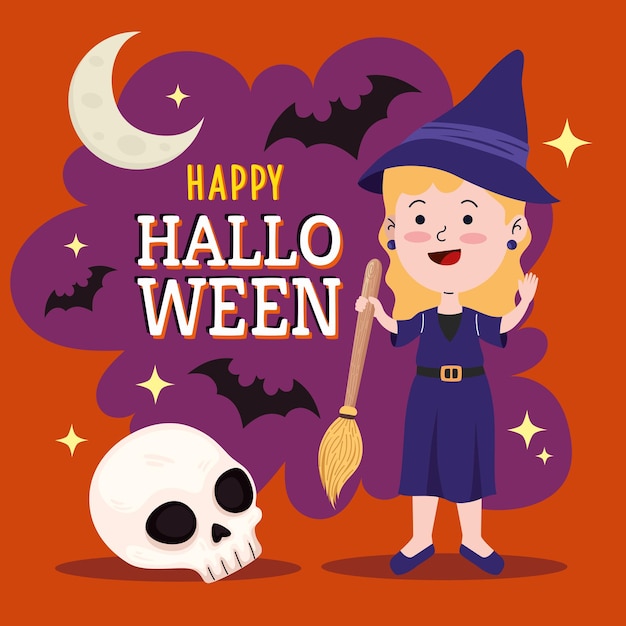 Iscrizione felice di halloween con la strega e la scopa