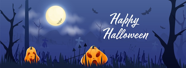 Happy halloween-lettertype met jack-o-lanterns en flying bats op full moon blue graveyard-achtergrond. header of banner.