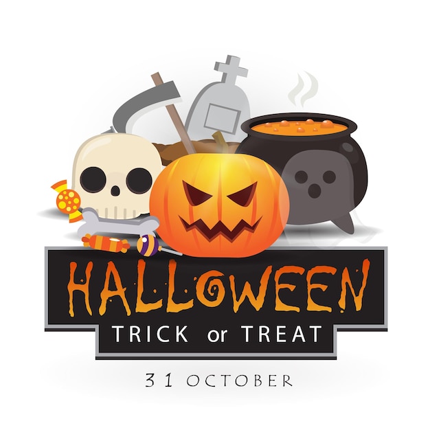 happy halloween logo with halloween icon set on white background