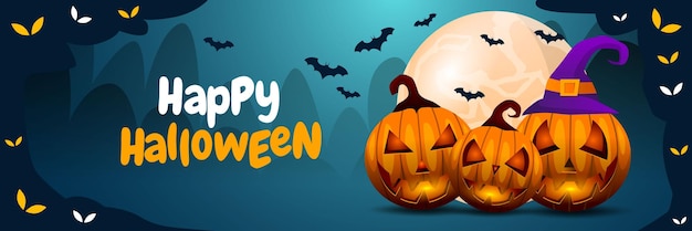 Happy halloween met een pompoen en vleermuizen op een blauwe achtergrond