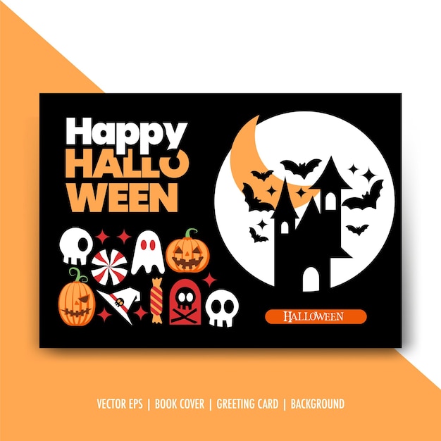 Vector happy halloween modern simple invitation card with ghost house, pumpkin, ghost, candy isolated