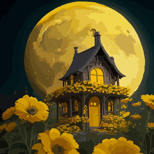 Happy halloween moon house with yellow flower tshirt design