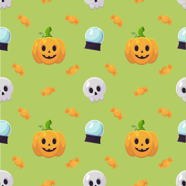 Happy Halloween naadloos patroon met schedelpompoenen en snoepjes
