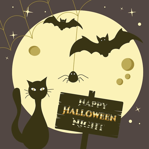 Happy Halloween-nachtposter met maanvleermuizen en spinnenweb op donkere achtergrond Vectorillustratie