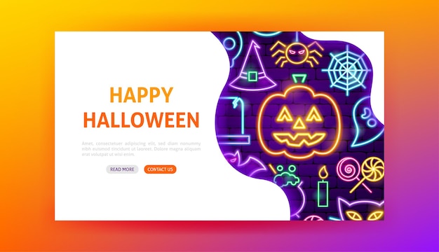 ベクトル ハッピーハロウィンネオンランディングページ。ホリデープロモーションのベクトルイラスト。