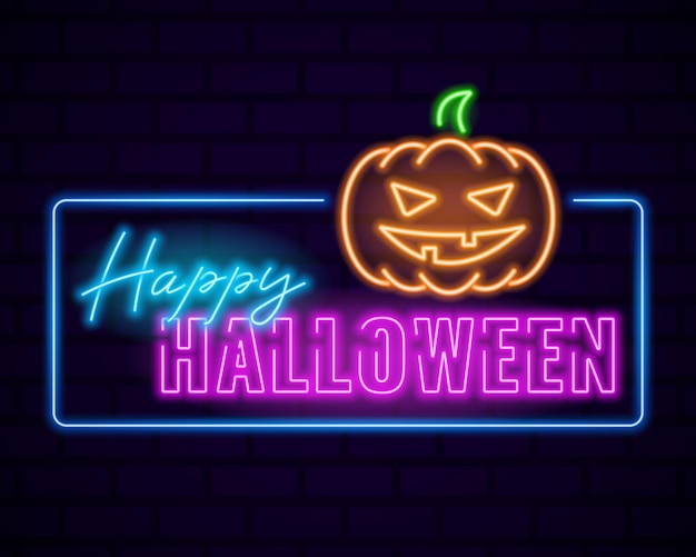 Happy Halloween neon template, glowing banner, orange pumpkin