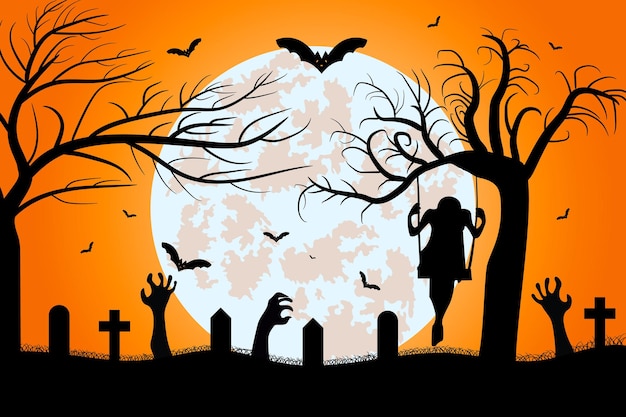 Happy Halloween Night Background. Halloween pumpkins, Graveyard, Spooky trees and Haunted House