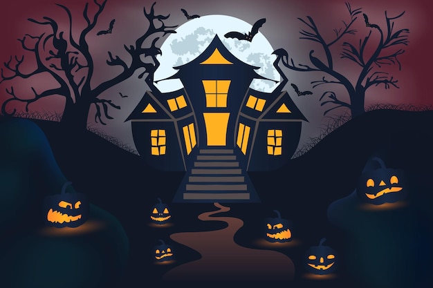 Felice notte di halloween sullo sfondo. zucche di halloween, alberi spettrali e haunted house